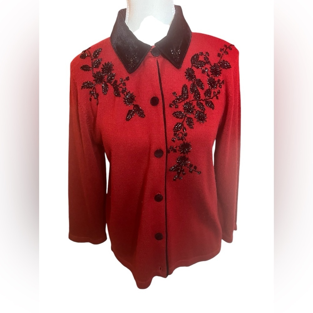 Alfred Dunner Red Beaded Velvet Trim Cardigan PM